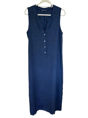Francesca Bettini Sleeveless Navy Button-Front Linen Maxi Dress Medium